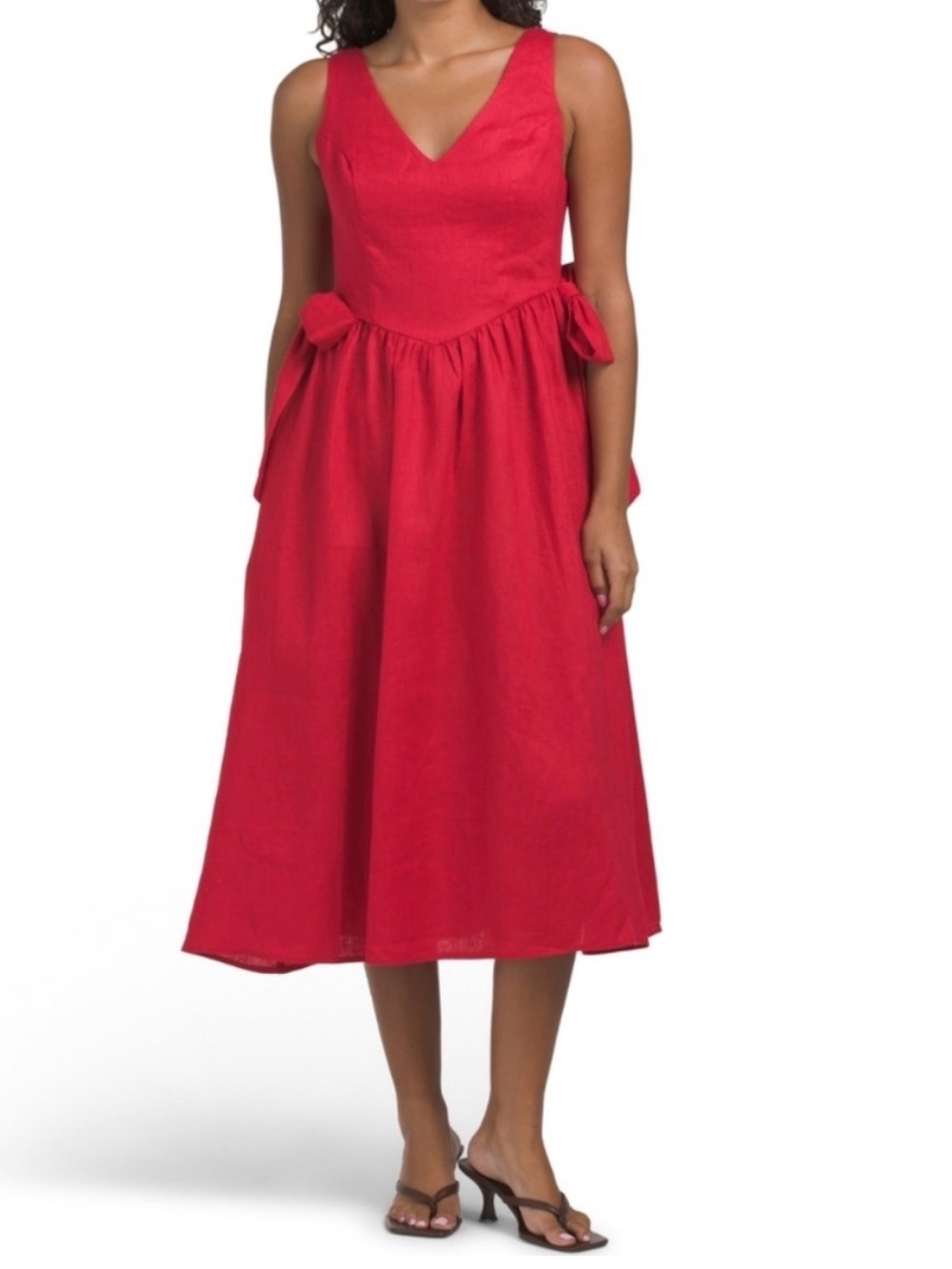 Red V-Neck Midi Dress with Side Bows